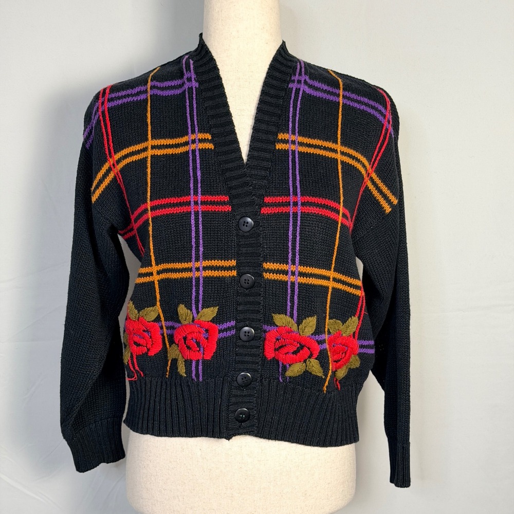 Vintage SK & Company Petite Black Plaid Rose Embroidered Cardigan Sweater S